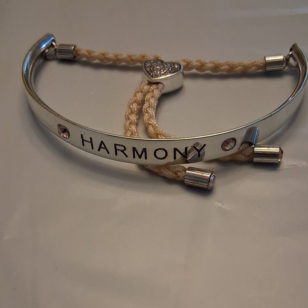 Brighton Silver Metal Beige Cord Adjustable Bolo Charm Bracelet with Heart